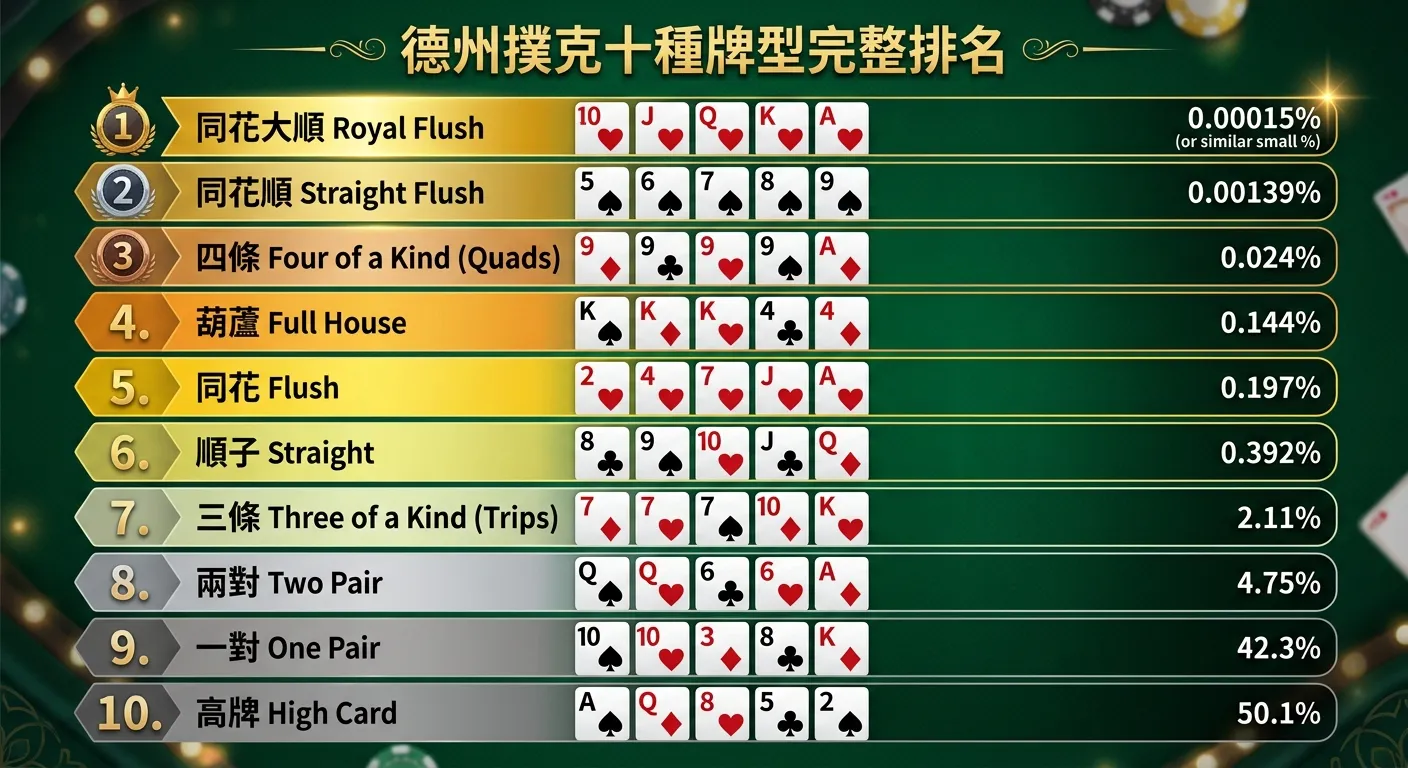 德州撲克十種牌型完整排名資訊圖，由上至下排列十種牌型，每種牌型左側顯示排名數字（1-10），中間展示撲克牌範例圖示，右側顯示牌型中英文名稱與出現機率，使用金色漸層（最強金色→最弱灰色），背景深綠色