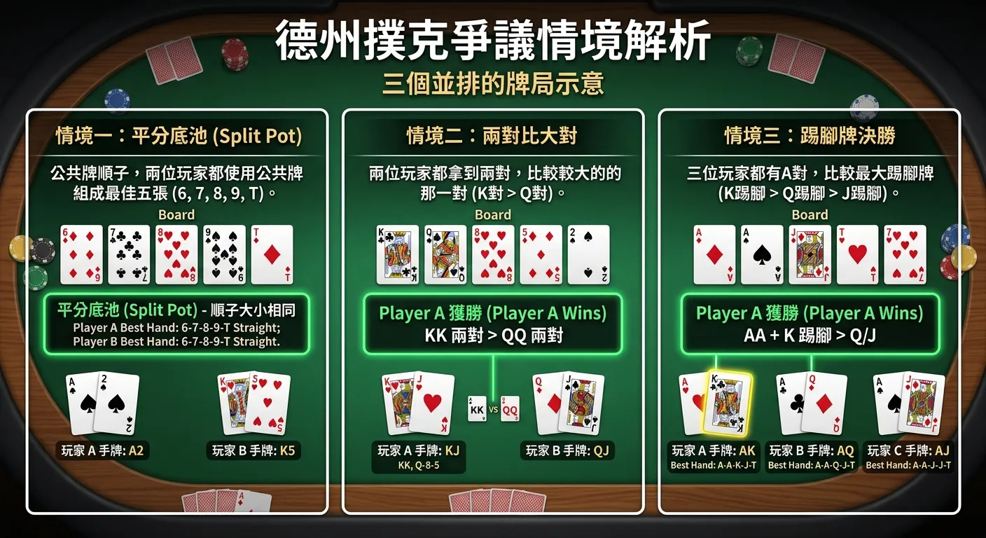 德州撲克爭議情境解析圖，三個並排的牌局示意：情境一（Split Pot）顯示公共牌順子、情境二（兩對比大對）顯示 K-K vs Q-Q、情境三（Kicker 決勝）顯示三人一對 A 比副牌，每個情境用綠色框標示勝者或平手標記