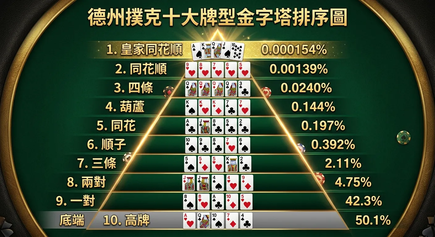 德州撲克十大牌型金字塔排序圖，由上到下：皇家同花順（頂端，金色，0.000154%）→ 同花順 → 四條 → 葫蘆 → 同花 → 順子 → 三條 → 兩對 → 一對 → 高牌（底端，灰色，50.1%）。每層附牌型範例圖示和出現機率。配色深綠底。