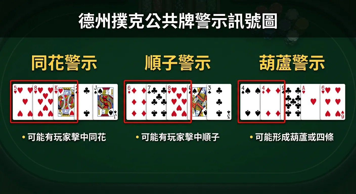 德州撲克公共牌警示訊號圖，三個並排的牌面範例：1. 三張同花色（標示「同花警示」）、2. 三張連續（標示「順子警示」）、3. 公共牌出現對子（標示「葫蘆警示」），每個範例用紅色框標示危險區域。配色深綠底。