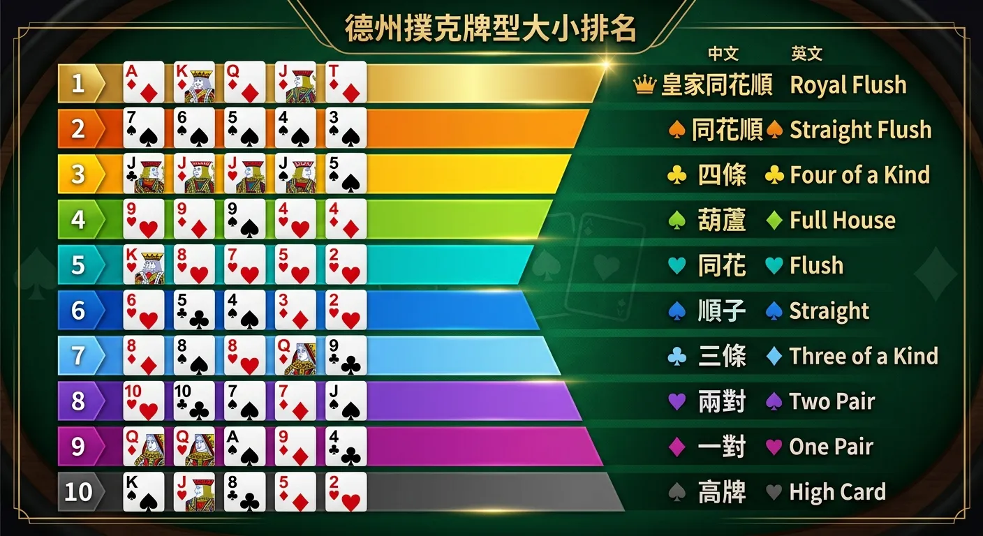 2026 德州撲克牌型大小完整排名：十種牌型圖解與比較規則