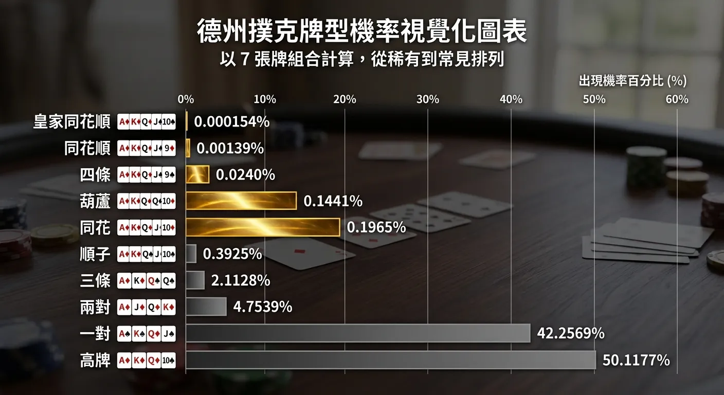德州撲克牌型機率視覺化圖表，以水平條狀圖呈現各牌型的出現機率，從上到下由稀有到常見排列，條狀長度對應機率百分比，稀有牌型（皇家同花順到葫蘆）用金色標示，常見牌型（同花到高牌）用灰色漸層標示，每條旁附上精確的機率數字。