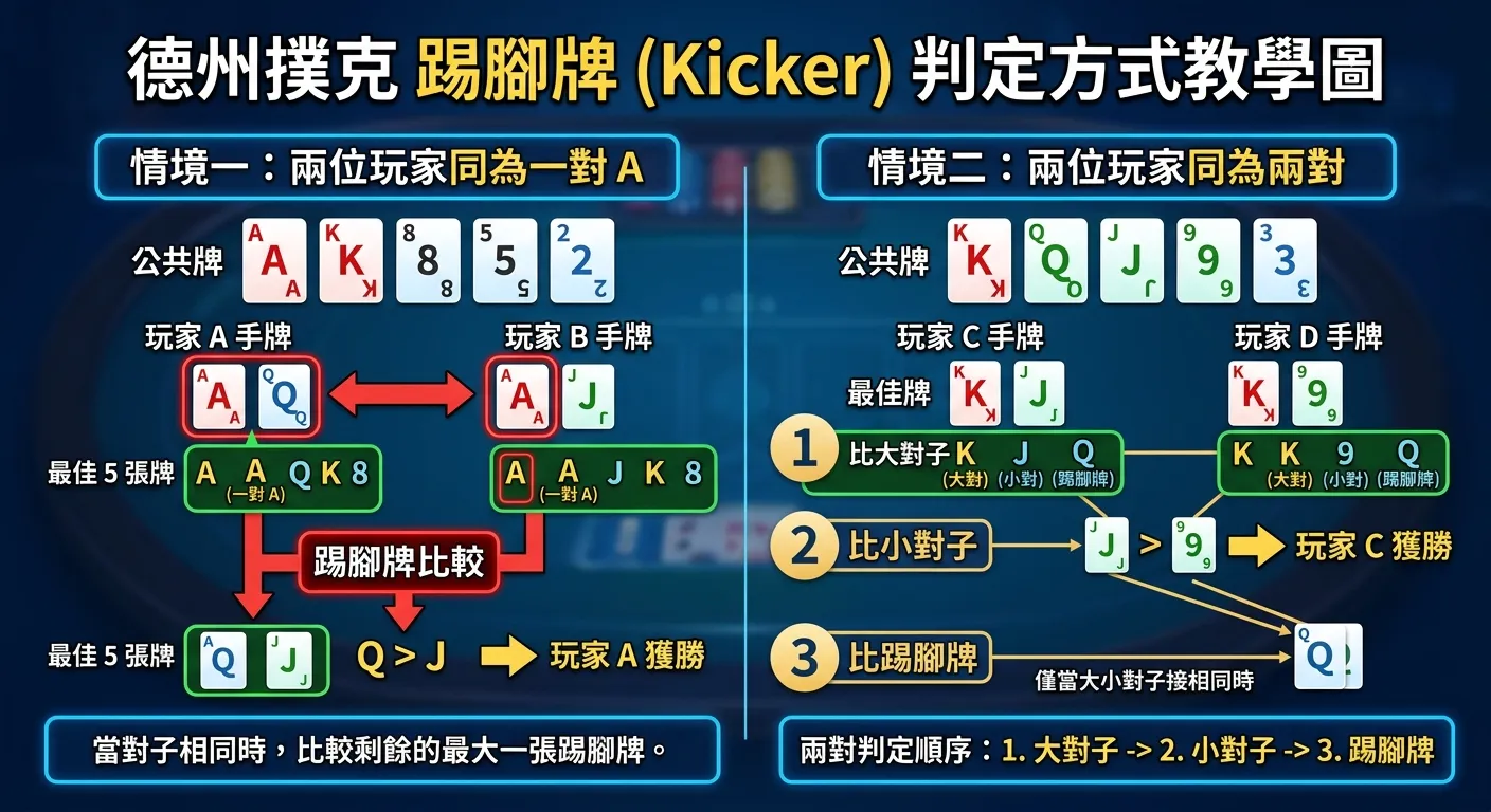 踢腳牌（Kicker）判定方式教學圖，展示兩個實際對決情境：情境一為兩位玩家同為一對 A，以紅色框標示踢腳牌的位置和比較過程；情境二為兩位玩家同為兩對，標示先比大對再比小對最後比踢腳牌的順序，每個步驟用數字標籤（1、2、3）標示優先順序。