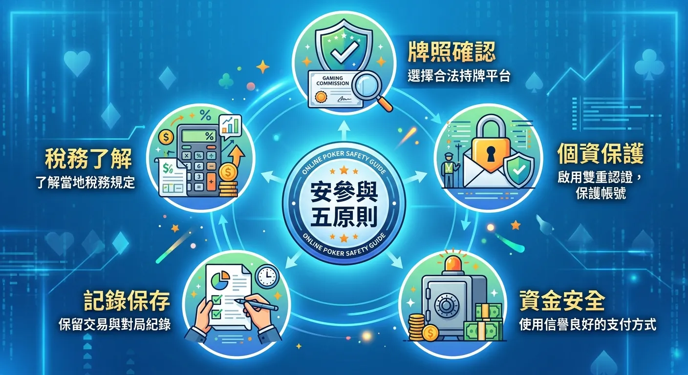 線上德州撲克安全參與五大建議資訊圖，五個圖示呈環形排列：牌照確認（盾牌）、個資保護（鎖頭）、資金安全（保險箱）、記錄保存（文件）、稅務了解（計算機），中央標示「安全參與五原則」