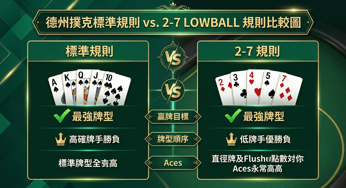 德州撲克標準規則 vs. 2-7 Lowball 規則比較圖，左右兩欄對比：左欄「標準規則」展示皇家同花順為最強（綠色勾號），右欄「2-7 規則」展示 2-3-4-5-7 為最強（綠色勾號），中間有 VS 圖示。配色使用深綠與金色