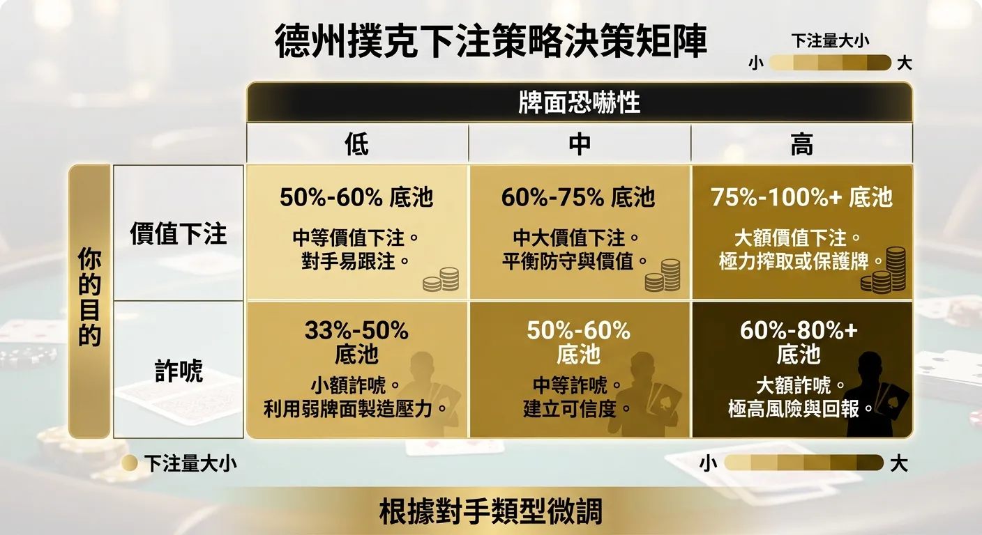 德州撲克下注策略決策矩陣圖，以 2x3 表格形式呈現：縱軸為「你的目的」（價值下注 / 詐唬），橫軸為「牌面恐嚇性」（低 / 中 / 高），每個格子內標示建議下注量百分比和簡短說明，格子用漸層顏色表示下注量大小（淺金→深金），底部附註「根據對手類型微調」