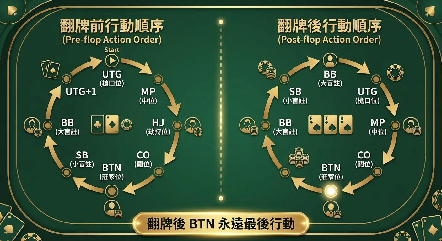 德州撲克行動順序圖解，分為左右兩個區塊：左側「翻牌前順序」以箭頭從 UTG 開始順時針排列到 BB，右側「翻牌後順序」以箭頭從 SB 開始順時針排列到 BTN，兩個區塊中間以虛線分隔，底部標註「翻牌後 BTN 永遠最後行動」，配色使用深綠與金色