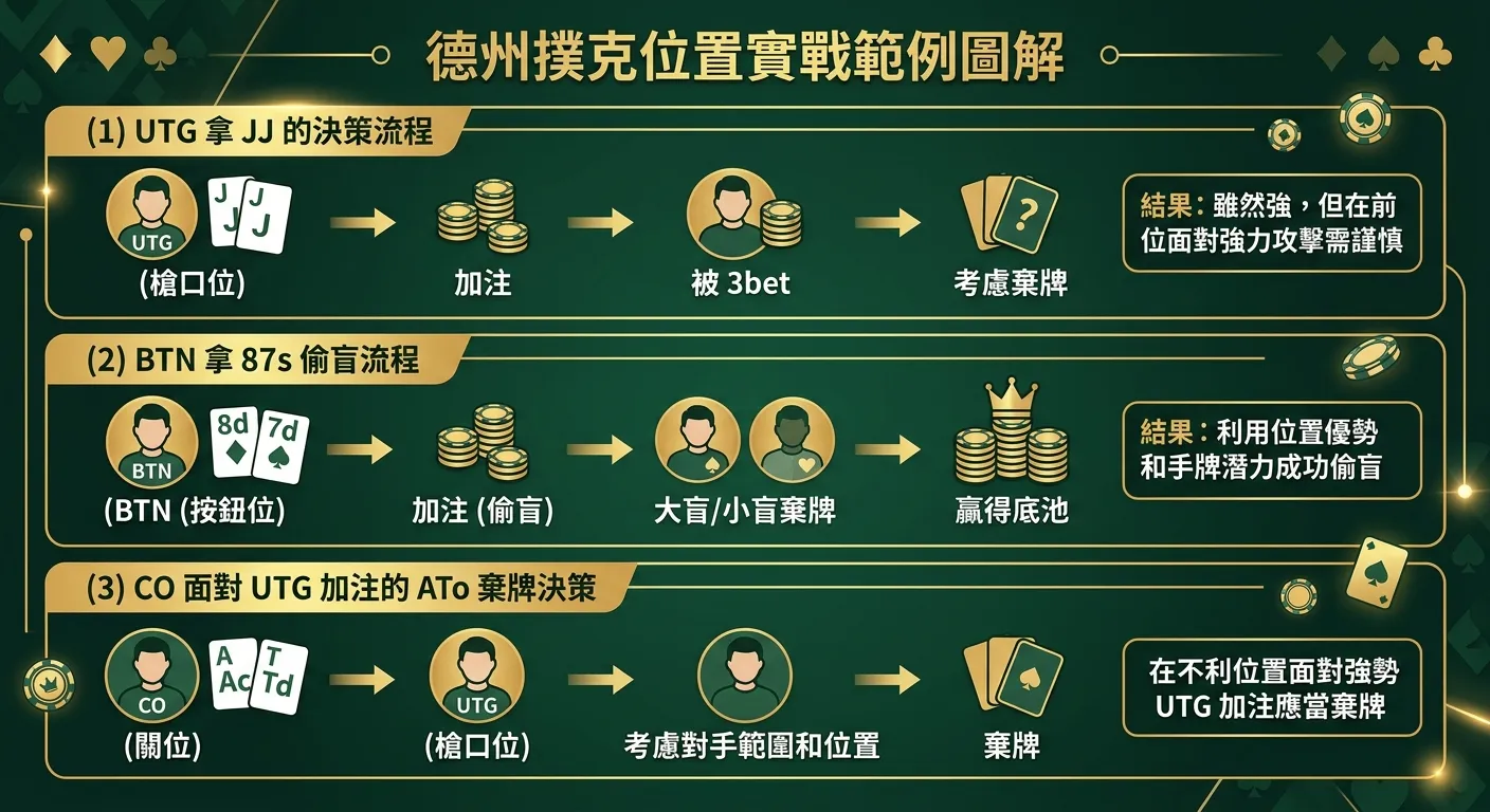 德州撲克位置實戰範例圖解，分為三個水平區塊，每個區塊展示一個實戰案例：(1) UTG 拿 JJ 的決策流程（加注→被3bet→考慮棄牌），(2) BTN 拿 87s 偷盲流程（加注→盲注棄牌→贏得底池），(3) CO 面對 UTG 加注的 AT 棄牌決策，每個流程以簡單箭頭和結果標示呈現，配色使用金色與深墨綠