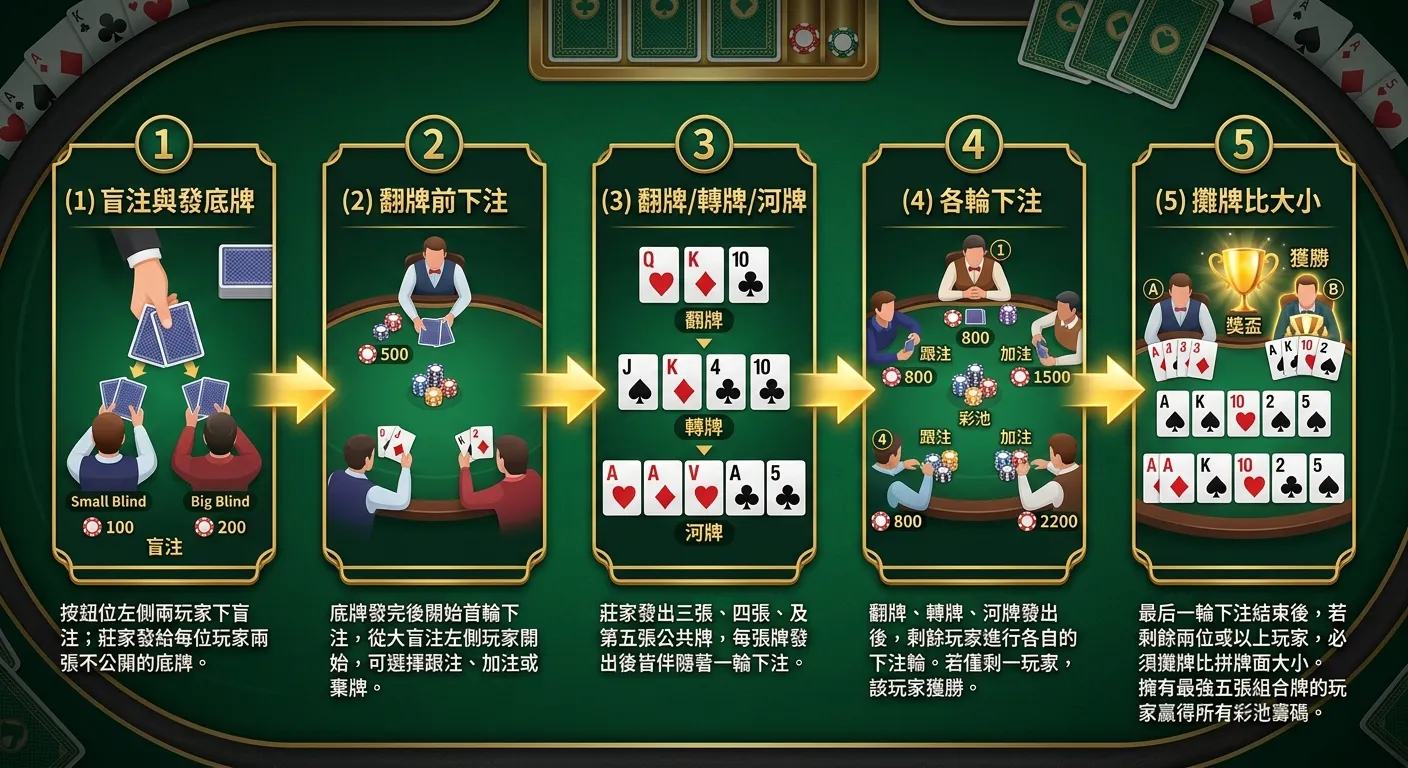 德州撲克一局完整流程圖，由左至右五個步驟以箭頭串連：(1) 盲注與發底牌（兩張牌圖示）→ (2) 翻牌前下注（籌碼圖示）→ (3) 翻牌/轉牌/河牌（三張→四張→五張公共牌）→ (4) 各輪下注（籌碼圖示）→ (5) 攤牌比大小（獎盃圖示），每步驟附上簡短中文說明，深綠色與金色配色。
