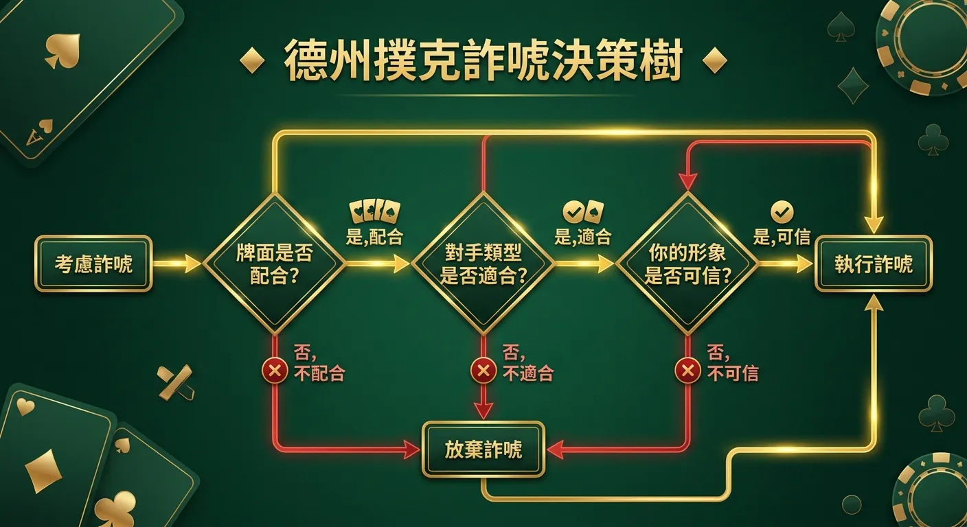 德州撲克詐唬決策樹流程圖，從「考慮詐唬」開始，第一個菱形判斷框「牌面是否配合？」，配合→第二個菱形「對手類型是否適合？」，適合→第三個菱形「你的形象是否可信？」，可信→「執行詐唬」，任何一個不符合則導向「放棄詐唬」，配色使用金色路徑與深綠背景，紅色為否定路徑