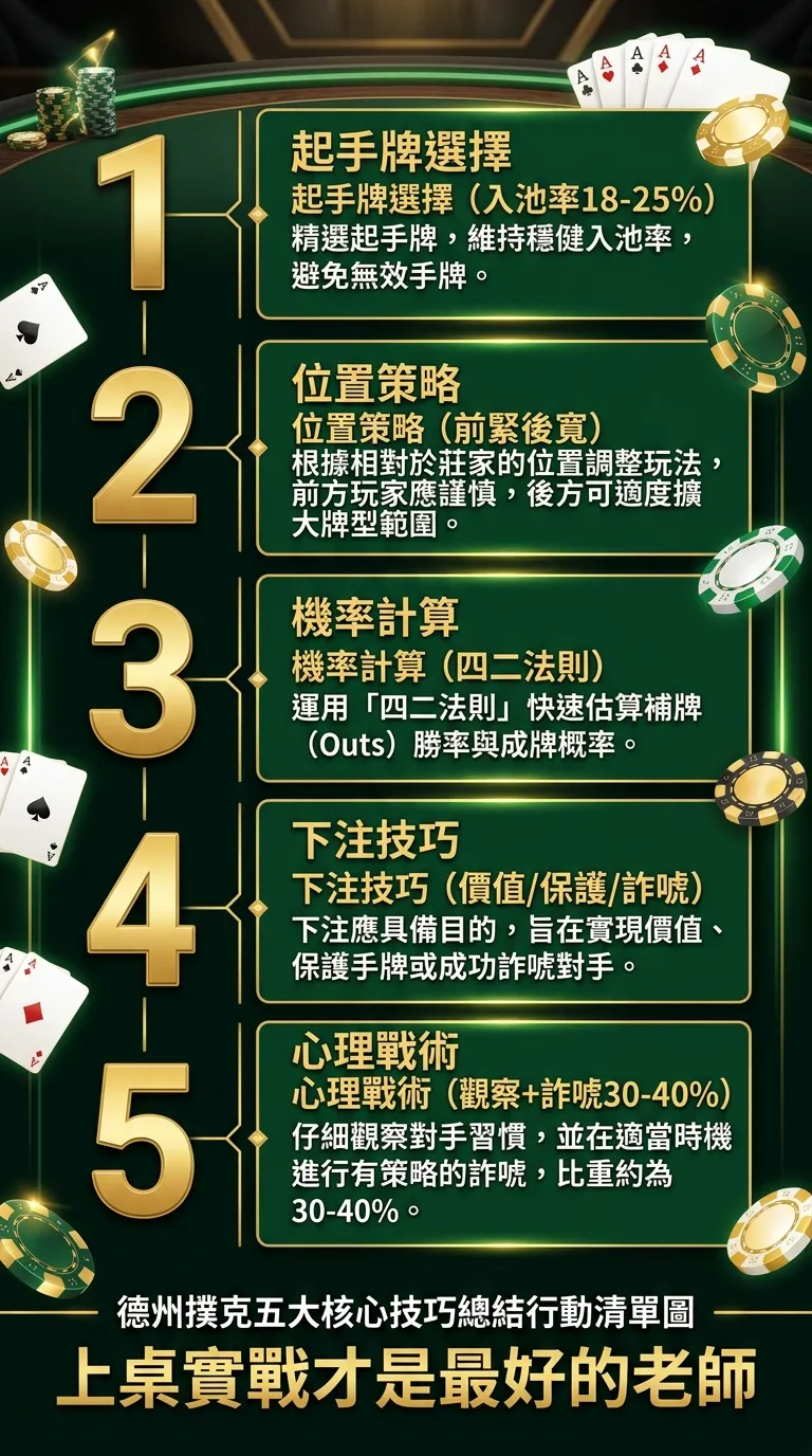 德州撲克五大核心技巧總結行動清單圖，以垂直清單形式呈現五個步驟，每個步驟包含數字編號、技巧名稱和一句話摘要：1.起手牌選擇（入池率18-25%）、2.位置策略（前緊後寬）、3.機率計算（四二法則）、4.下注技巧（價值/保護/詐唬）、5.心理戰術（觀察+詐唬30-40%），左側用金色數字，右側用深綠色文字，底部標示「上桌實戰才是最好的老師」