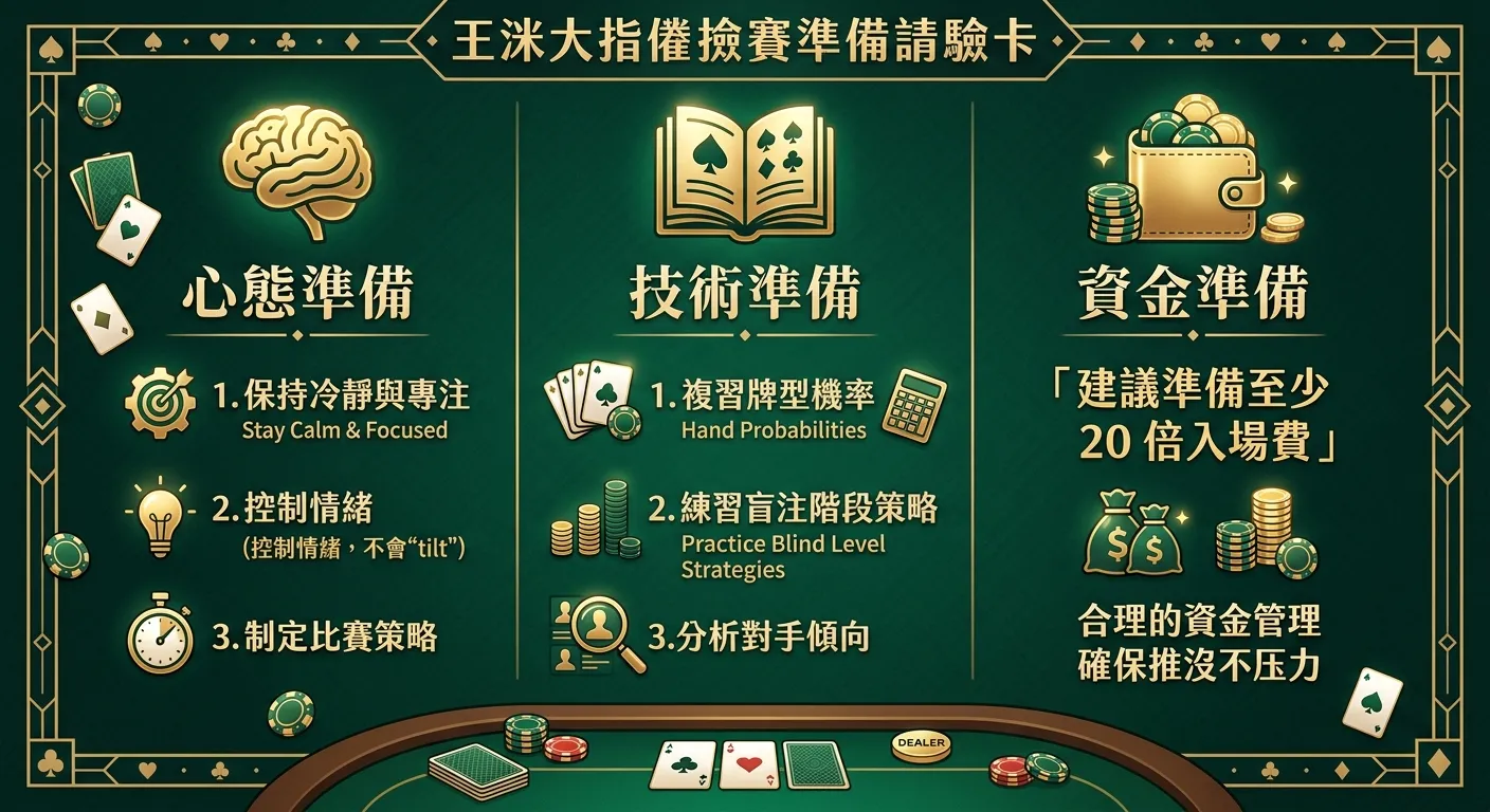德州撲克比賽準備事項檢查清單，分為三個區塊：左「心態準備」（腦袋圖示，列出三個要點）、中「技術準備」（書本圖示，列出三個要點）、右「資金準備」（錢包圖示，列出入場費 20 倍建議）。配色使用深綠與金色