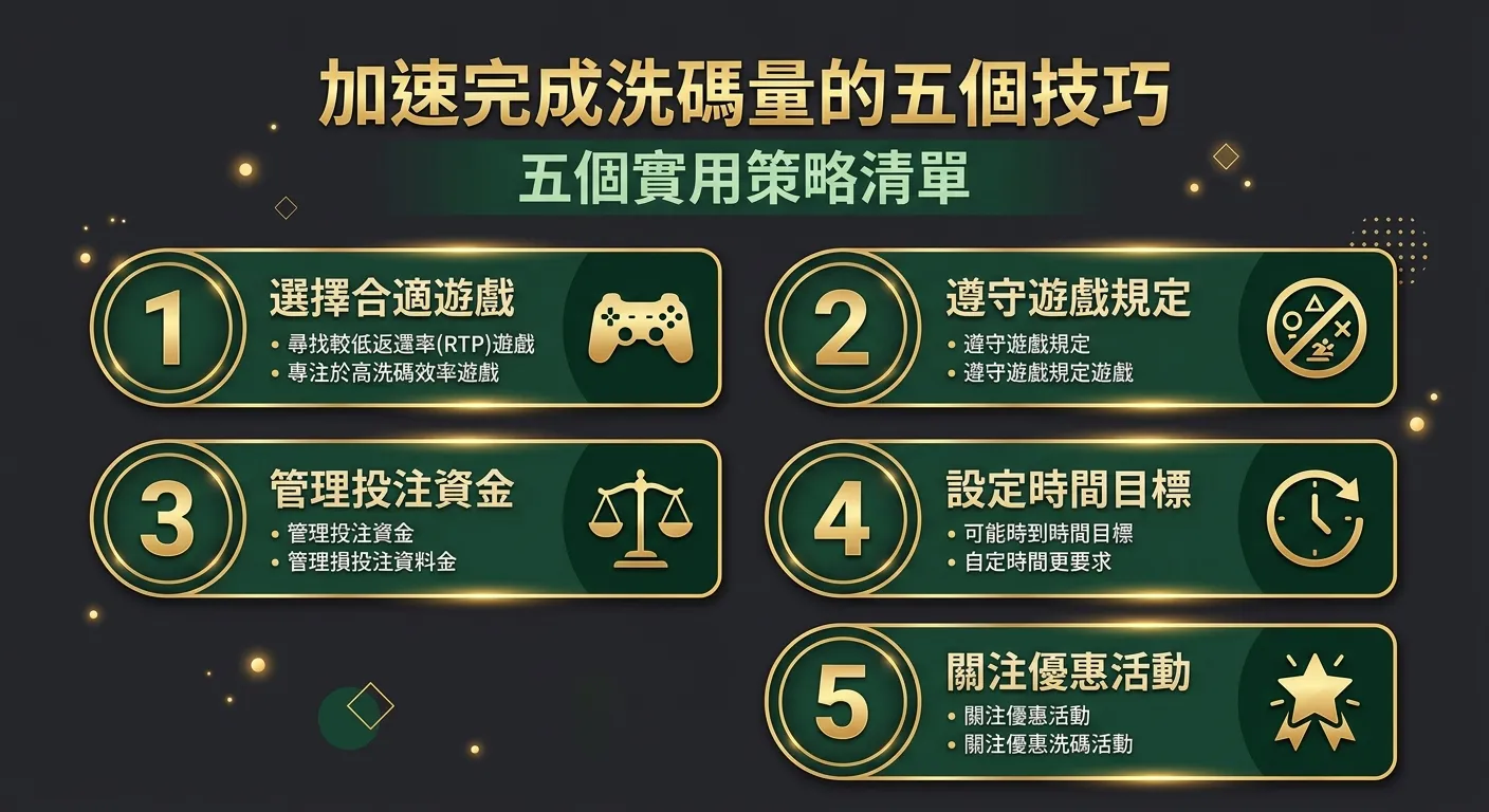 加速完成洗碼量的五個技巧清單圖，以五個橫向卡片排列，每張卡片左側有數字編號（1-5），中間為技巧名稱，右側有小圖示（遊戲手把、禁止符號、天秤、時鐘、星星），配色使用金色與深墨綠，背景深灰
