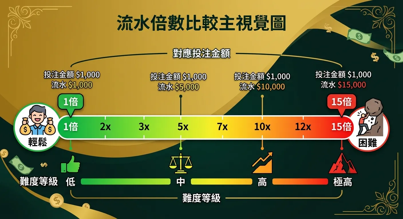 2026 娛樂城流水倍數比較：1 倍到 15 倍差多少？出金難度全解析