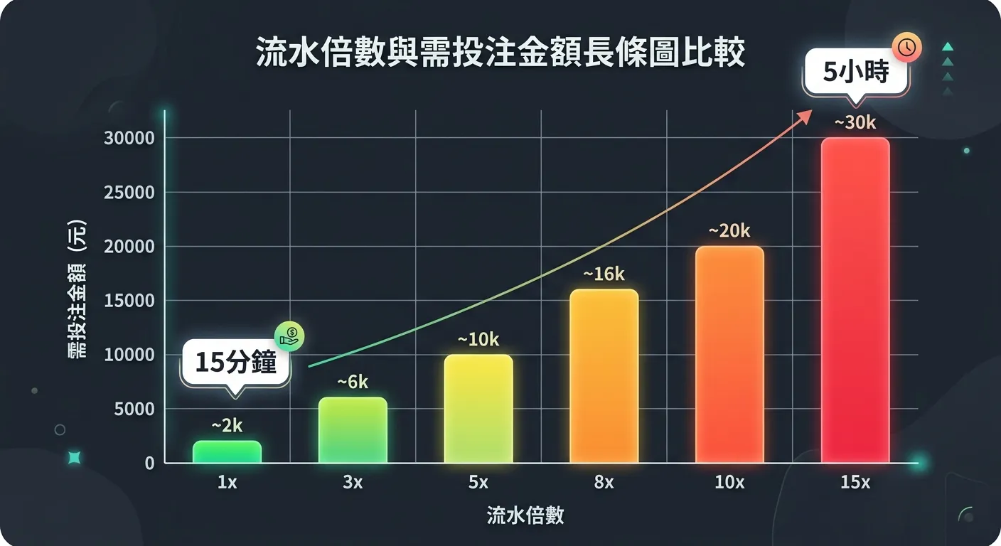 流水倍數與需投注金額長條圖比較，Y軸為需投注金額（0-30,000元），X軸為六個流水倍數（1x、3x、5x、8x、10x、15x），長條由短到長、顏色由綠漸變至紅色。1倍流水長條上方標註「15分鐘」，15倍長條上方標註「5小時」，形成鮮明對比。配色使用漸層色系搭配深灰背景