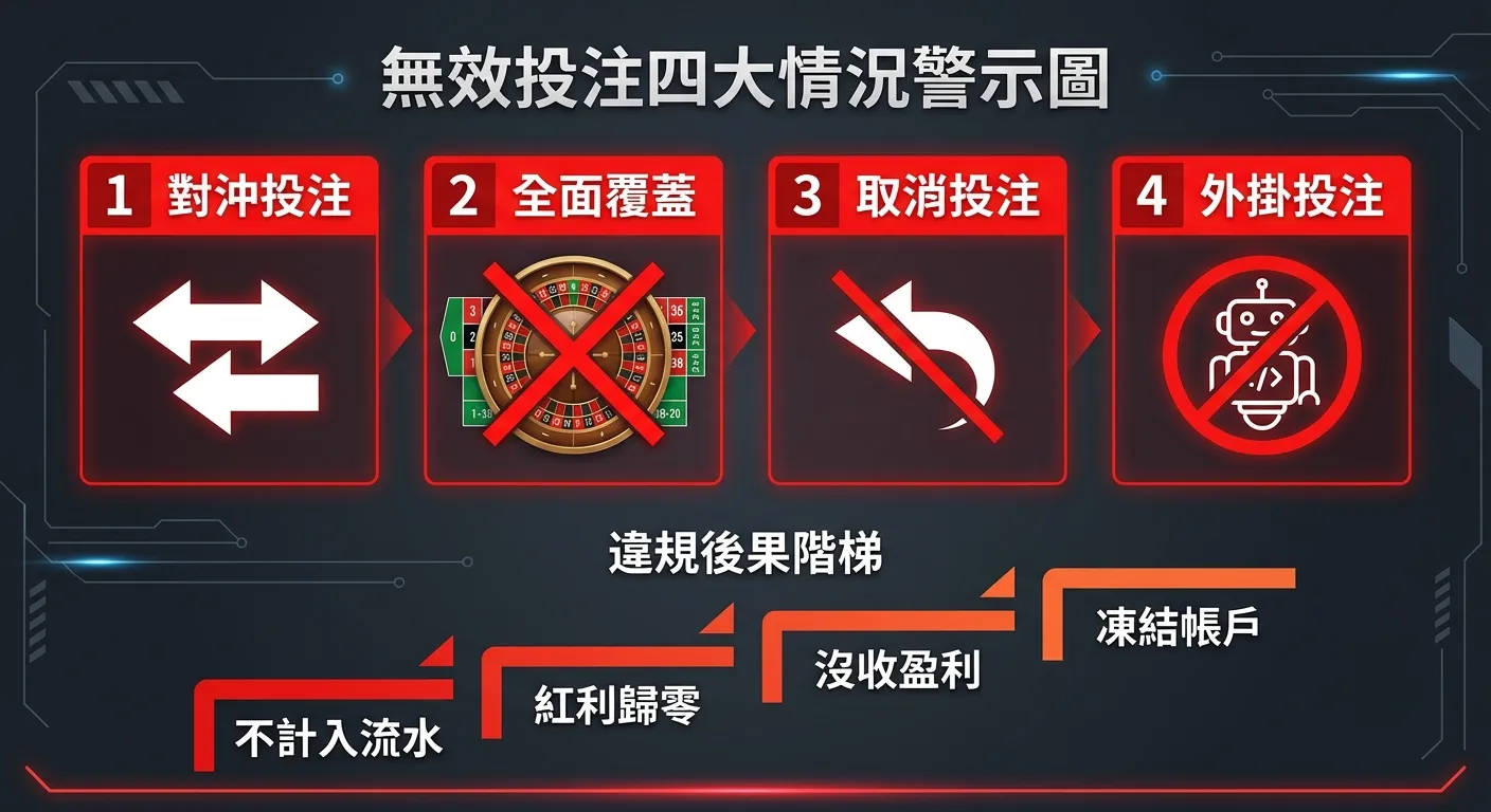 無效投注四大情況警示圖，四個紅色警示區塊依序排列：(1)對沖投注 — 雙向箭頭圖示 (2)全面覆蓋 — 輪盤圖示被紅色X覆蓋 (3)取消投注 — 撤回箭頭圖示 (4)外掛投注 — 機器人圖示帶禁止符號。底部附後果階梯：不計入→歸零→沒收→凍結。配色使用紅色警示搭配深灰背景