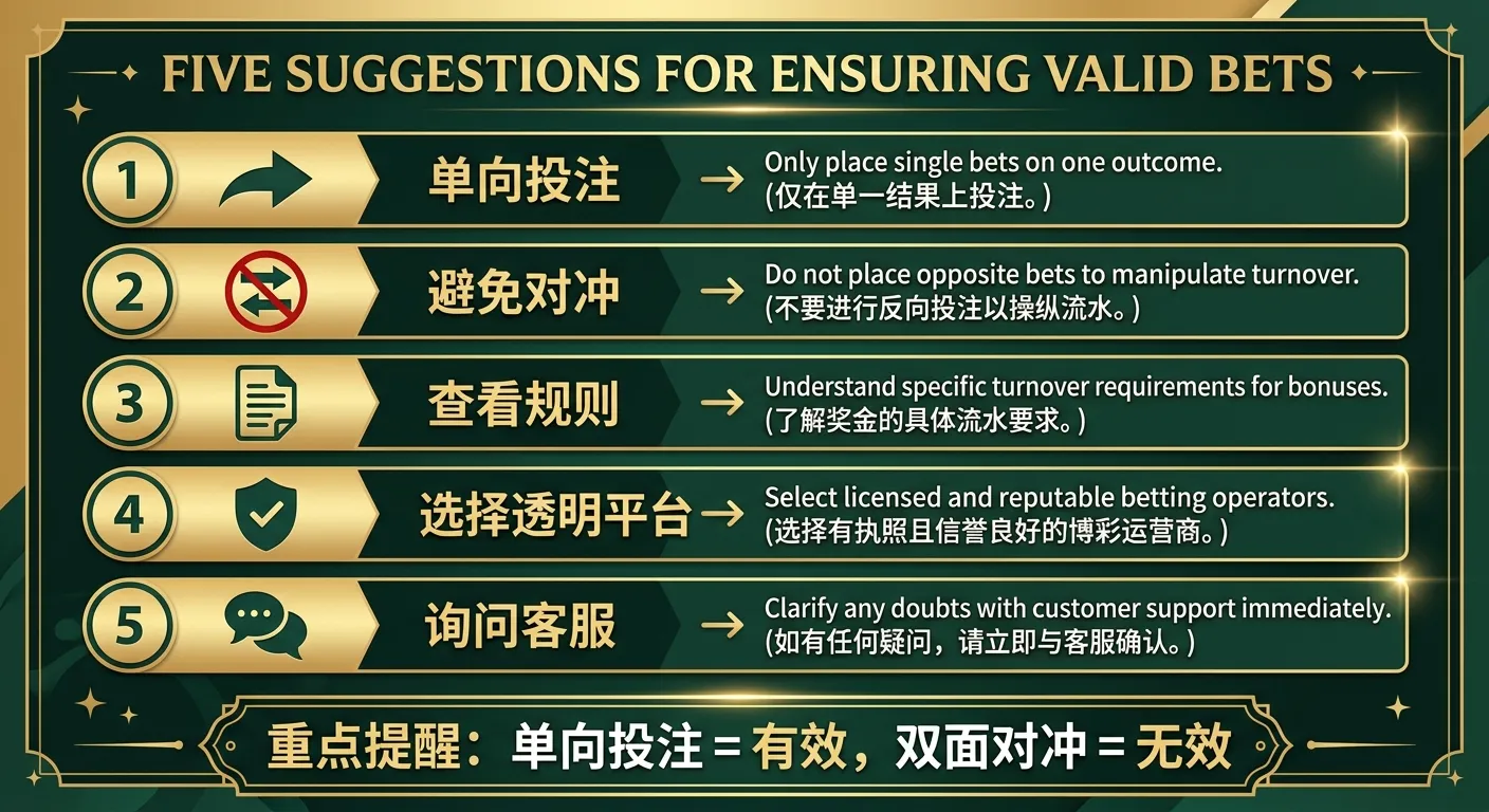 確保有效投注的五個建議清單圖，以五個水平條目呈現，每個條目左側有數字編號（1-5）和小圖示（箭頭→單向、禁止→避免對沖、文件→查規則、盾牌→選透明平台、對話→問客服），右側為建議內容。底部附有金色框線的重點提醒：「單向投注 = 有效，雙面對沖 = 無效」。配色使用金色與深墨綠