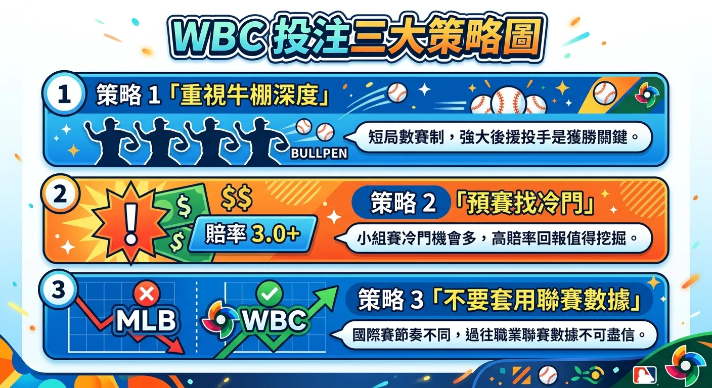 WBC 投注三大策略圖，三個橫向區塊：策略 1「重視牛棚深度」（多個投手剪影圖示）、策略 2「預賽找冷門」（驚嘆號圖示搭配賠率 3.0+）、策略 3「不要套用聯賽數據」（MLB 標誌打叉搭配 WBC 標誌打勾），每個區塊附有一句話說明。