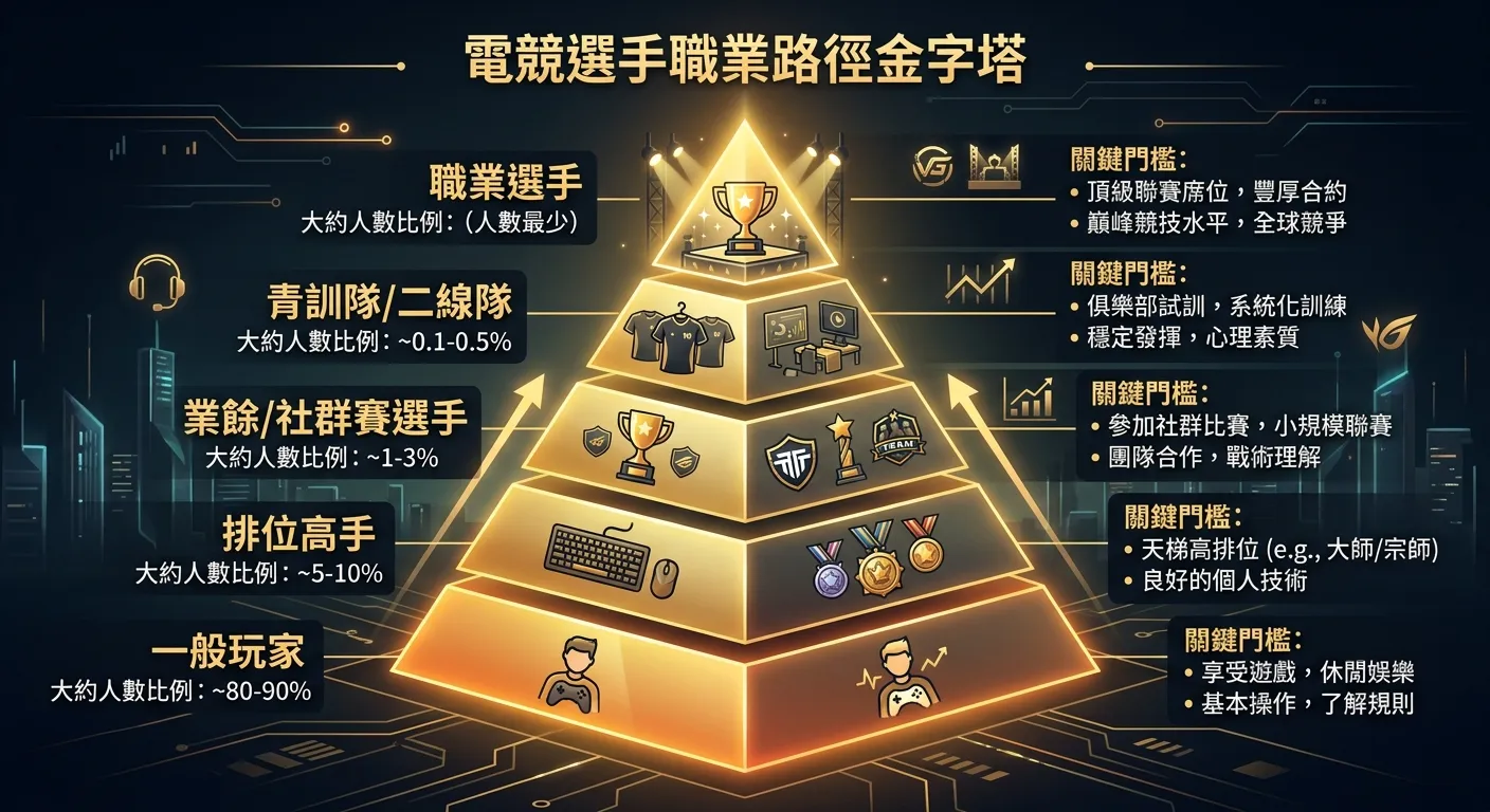 電競選手職業路徑金字塔圖，由下至上五層：底層為「一般玩家」（人數最多）、第二層「排位高手」、第三層「業餘/社群賽選手」、第四層「青訓隊/二線隊」、頂層「職業選手」（人數最少），金字塔旁標示各層的大約人數比例和關鍵門檻，配色使用金色漸層