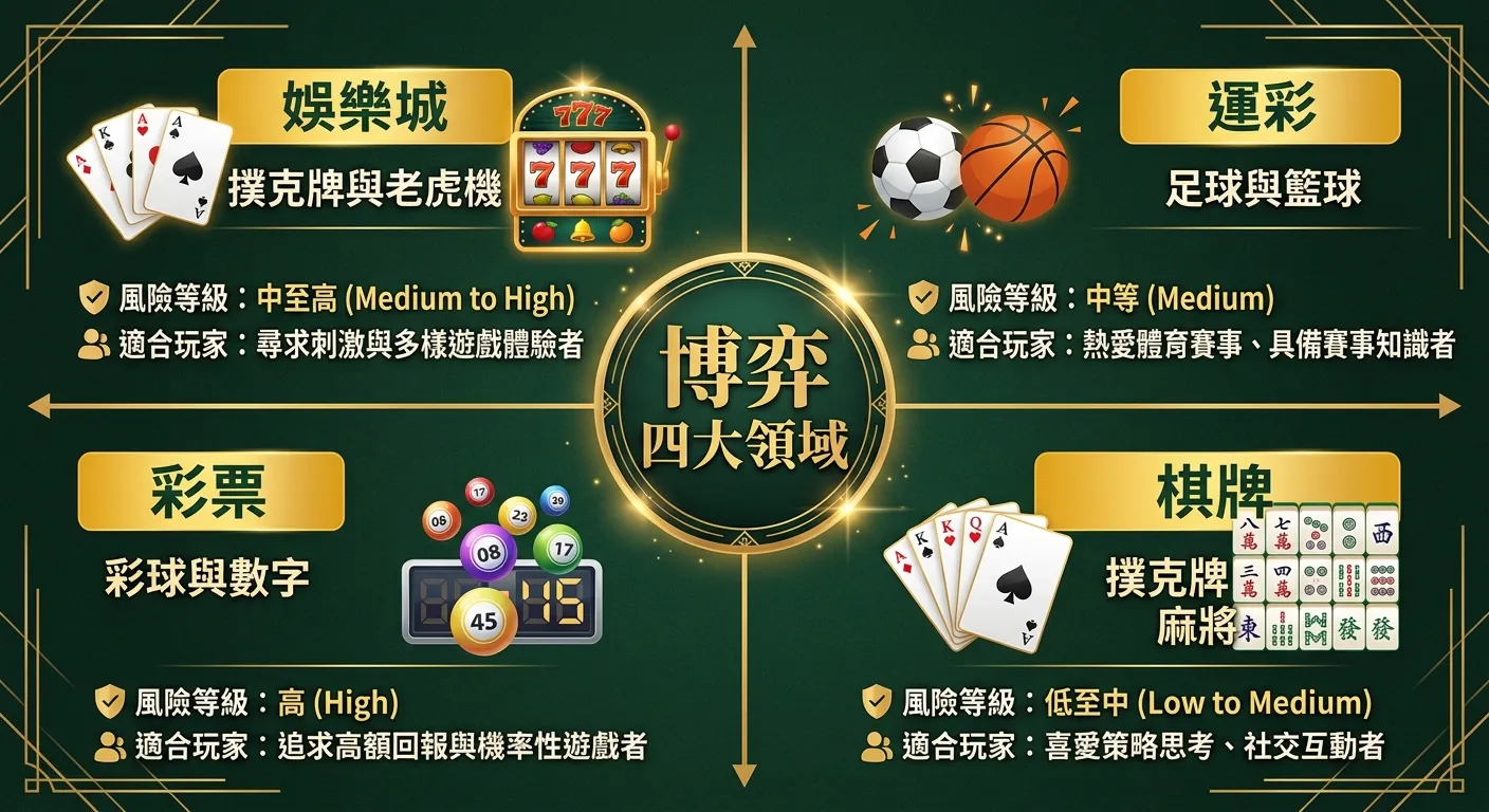 博弈四大領域象限圖，以十字分隔為四個象限：左上「娛樂城」(撲克牌與老虎機圖示)、右上「運彩」(足球與籃球圖示)、左下「彩票」(彩球與數字圖示)、右下「棋牌」(撲克牌與麻將圖示)，中央標示「博弈四大領域」，每個象限附有風險等級和適合玩家標籤，配色使用金色與深墨綠