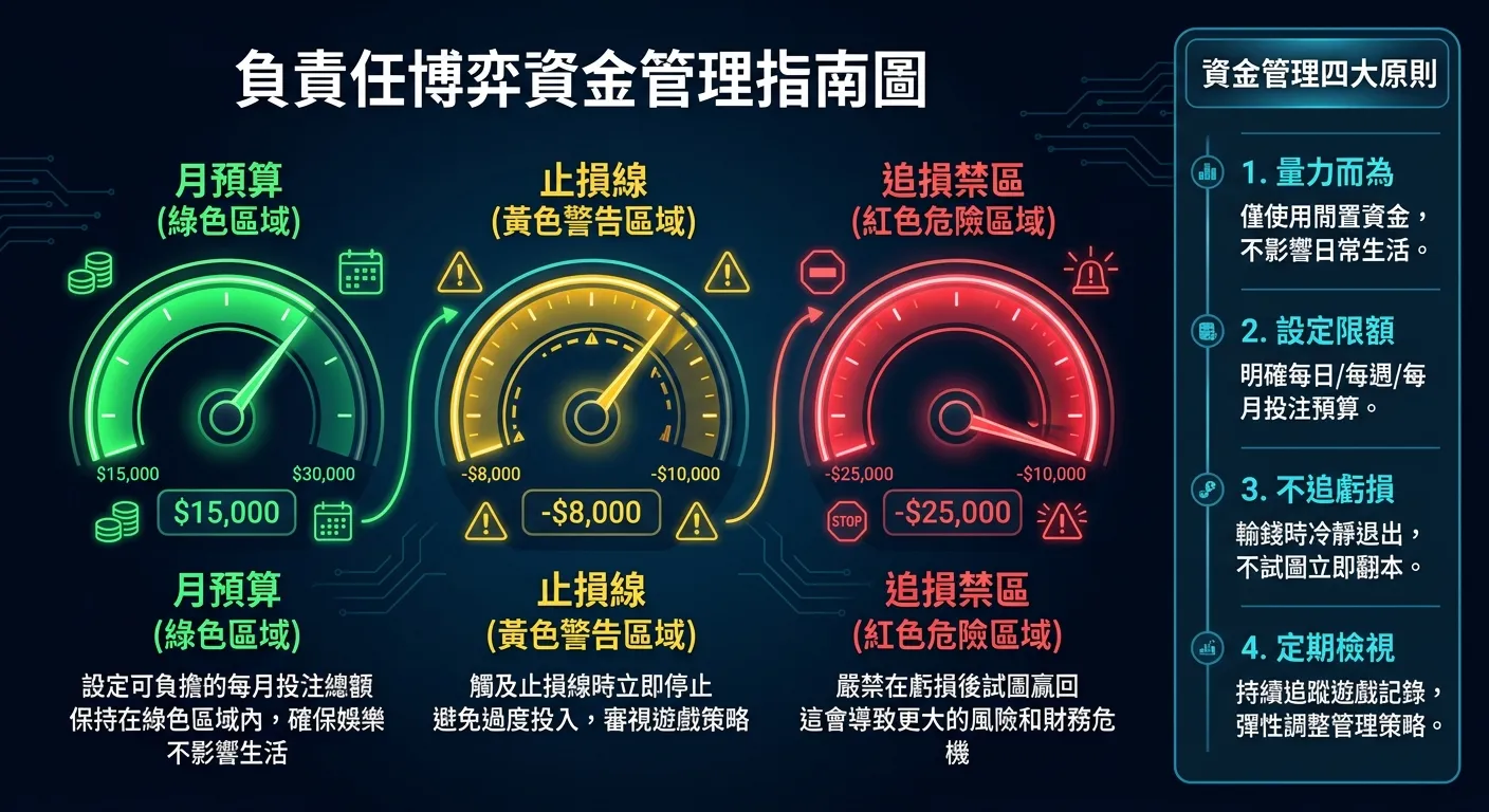 負責任博弈資金管理指南圖，以儀表板視覺呈現三個指標：月預算（綠色區域）、止損線（黃色警告區域）、追損禁區（紅色危險區域），右側附有資金管理四大原則的條列清單，配色使用綠黃紅三色搭配深色背景