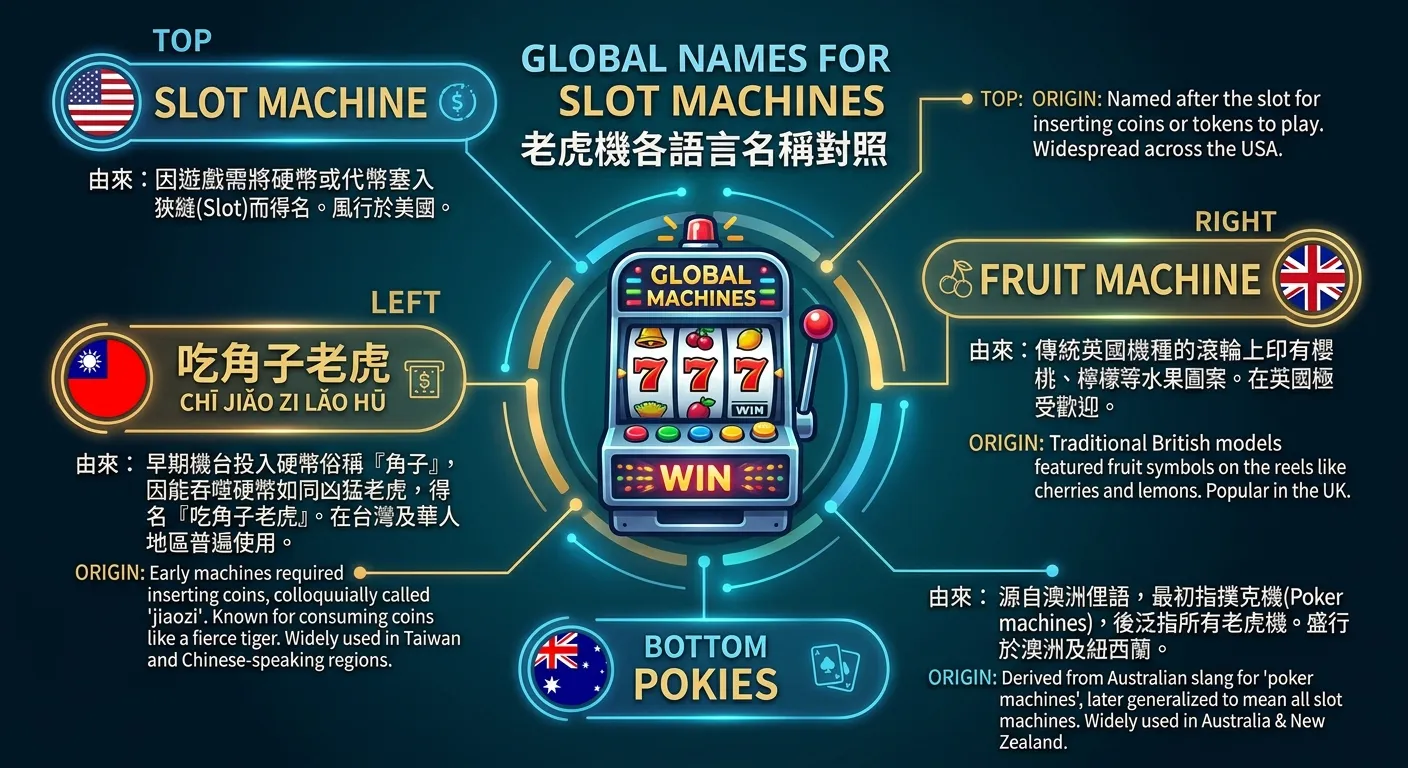 老虎機各語言名稱對照資訊圖，中央為一台老虎機圖示，周圍放射狀排列四個名稱區塊：上方「Slot Machine」（美國國旗圖示）、右方「Fruit Machine」（英國國旗圖示）、下方「Pokies」（澳洲國旗圖示）、左方「吃角子老虎」（中華民國國旗圖示），每個名稱旁附上由來說明