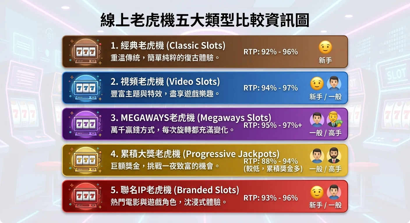 線上老虎機五大類型比較資訊圖，五個橫向卡片堆疊排列，每個卡片包含：類型名稱、一句話特色說明、RTP 範圍數值、適合的玩家圖示（新手/一般/高手），卡片用不同顏色區分（經典=棕色、視頻=藍色、Megaways=紫色、累積=金色、聯名=紅色）