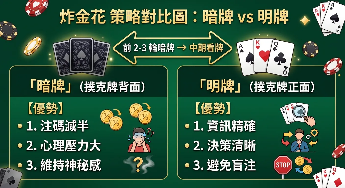 炸金花暗牌vs明牌策略對比圖，左側「暗牌」（撲克牌背面）列出優勢：注碼減半、心理壓力大、維持神秘感；右側「明牌」（撲克牌正面）列出優勢：資訊精確、決策清晰、避免盲注。中間箭頭標示「前 2-3 輪暗牌 → 中期看牌」。配色深綠底。