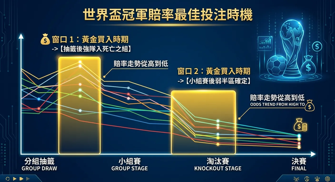 世界盃冠軍賠率最佳投注時機圖，橫軸為時間線（分組抽籤→小組賽→淘汰賽→決賽），標註兩個黃金買入窗口：「抽籤後強隊入死亡之組」和「小組賽後弱半區確定」，賠率曲線顯示從高到低的走勢，兩個窗口以金色高亮標示，深藍背景